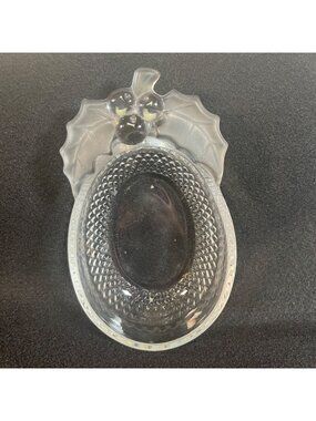 Mikasa Clear Oval Glass Candy Dish with Holly Berries & Frosted Leaves 4 x 6 1/2